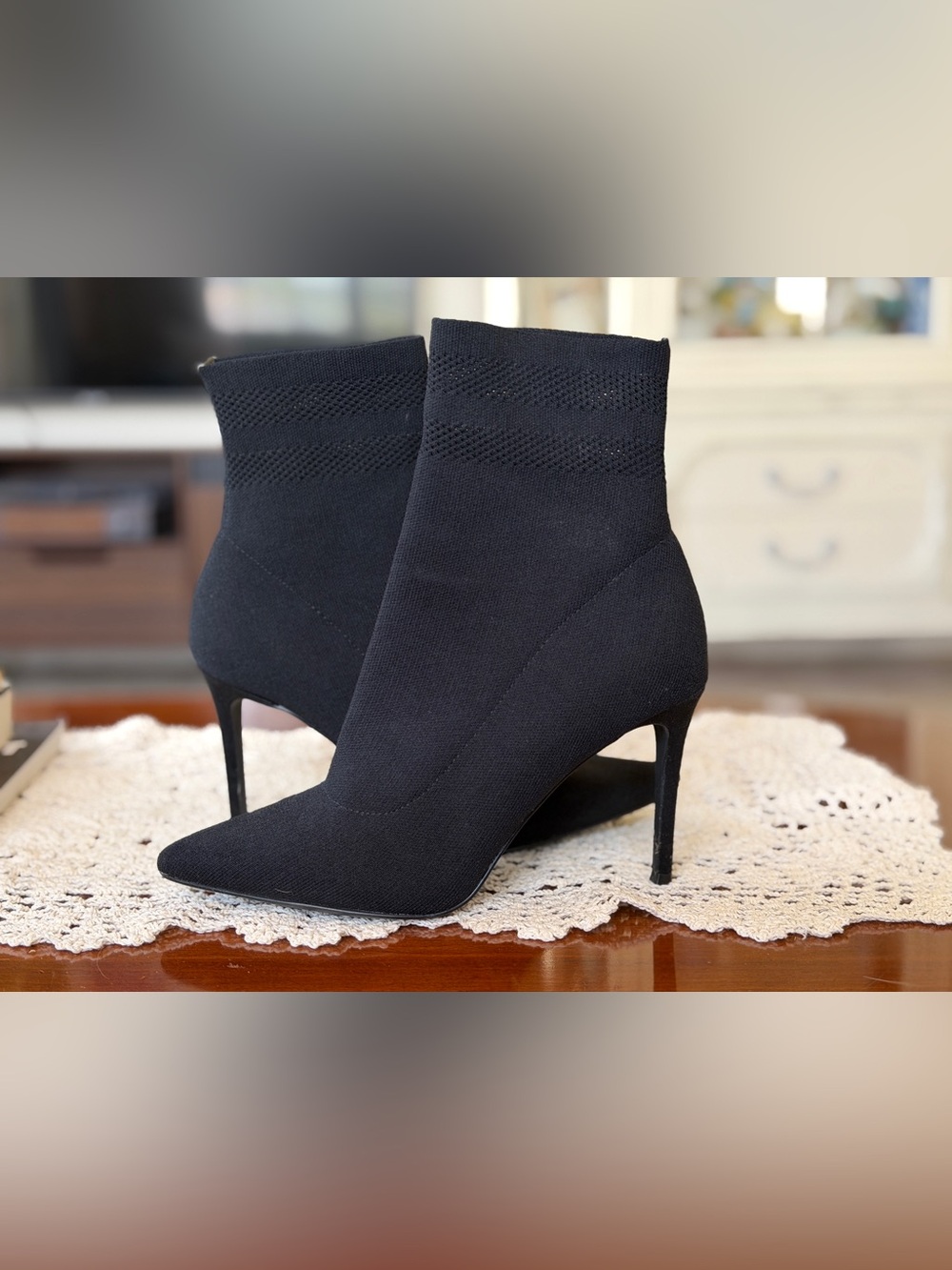 Steve Madden Black Knit Sock Ankle Booties with Pointed Toe - Picture 2 of 8